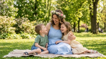 Fototapeta premium Happy mother with her young son and daughter sitting together on a blanket in a green sunny park during summer day