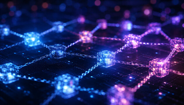 Futuristic Blockchain Technology Network with Glowing Cubes