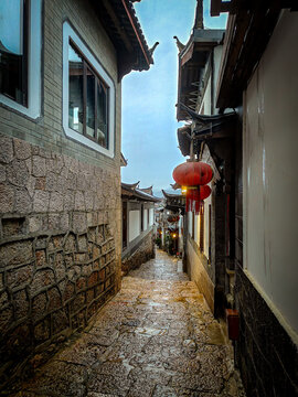 Old stone pathway between historic village houses