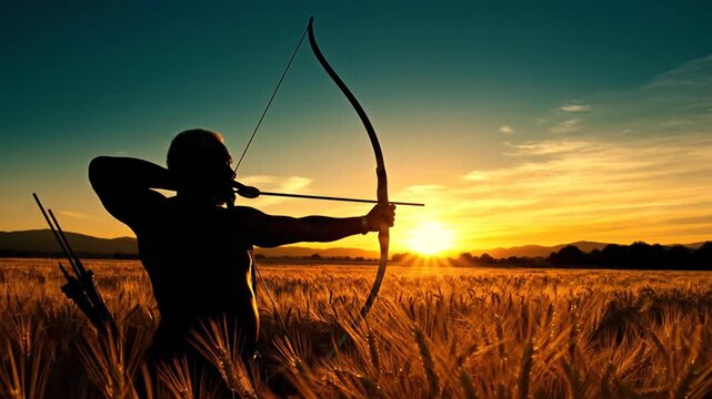 Archer silhouette aiming bow and arrow in golden wheat field at sunset