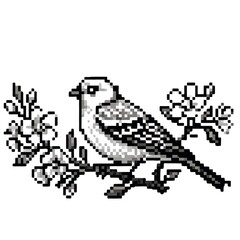 Obraz premium Pixel style black and white of a small bird perched on a flowering branch with cherry blossoms on a plain white background