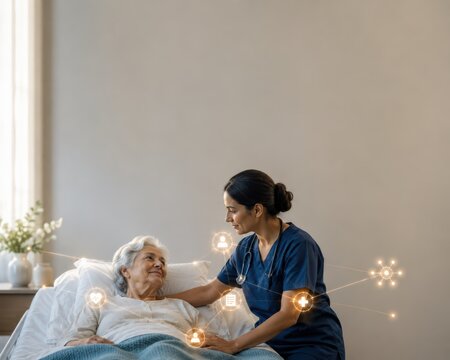 Nurse Supporting Elderly Patient With Connected Care Network