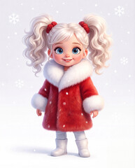 Fototapeta premium 3D Cute Little Girl with Blonde Pigtails in Red Fur Winter Coat and Snowflakes on White Background