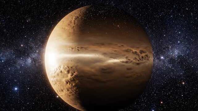 A sunlit terrestrial world rotates through the infinite cosmic expanse while showcasing its textured terrain and swirling atmospheric formations amid a dense field of distant glimmering stellar