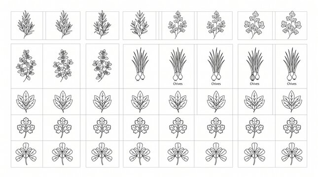 Minimalist botanical line art collection, set of 32 hand drawn herb and leaf icons, black and white floral sketches for organic branding and packaging
