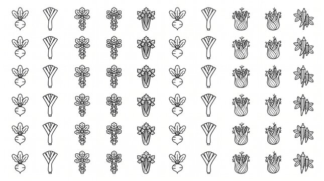 Minimalist vegetable line icons set, black and white garden produce illustrations, organic food symbols for healthy menu design and grocery branding