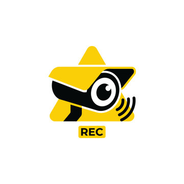 Yellow and black security surveillance camera icon with star element