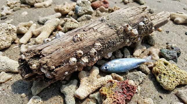 Dead fish and driftwood on coral beach coast.