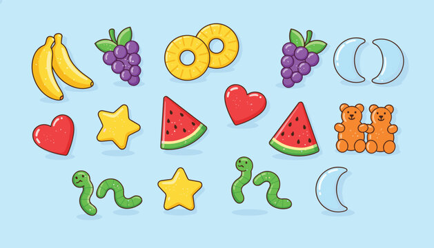 Colorful collection of assorted gummy candy shapes including fruit, stars, hearts, bears, worms, and moons on a soft blue background.