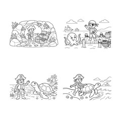 Obraz premium Set of pirate adventure outline illustrations for kids, featuring treasure caves, friendly octopus, and sea turtles.