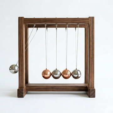 Newton cradle with metal spheres. Kinetic energy desk toy for physics and office decor.