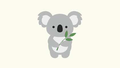 Fototapeta premium Simple flat illustration of a gray koala bear holding a green bamboo branch against a light cream colored background.