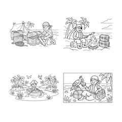 Obraz premium Set of pirate-themed outline drawings for kids, with treasure, campfire, and pirate with parrot on tropical island.