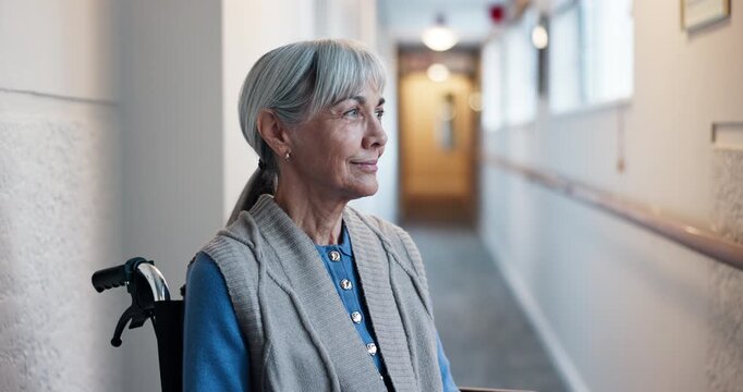 Thinking, smile or old woman in center with wheelchair, daydream or nostalgia in calm mindset. Reflection, wonder or elderly person with disability, flashback or peaceful perspective in retirement.