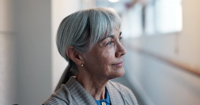 Thinking, happy or elderly woman in center with insight, daydream or nostalgia in calm mindset. Reflection, wonder or old person with mindfulness, flashback or peaceful perspective in retirement.