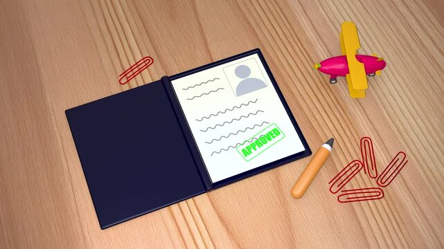 Jamaica Approved visa passport document on wooden desk, travel permit with green stamp, international vacation documentation with toy airplane and stationery