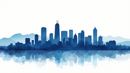 Obraz premium Blue watercolor Denver skyline silhouette with Rocky Mountains in background on white