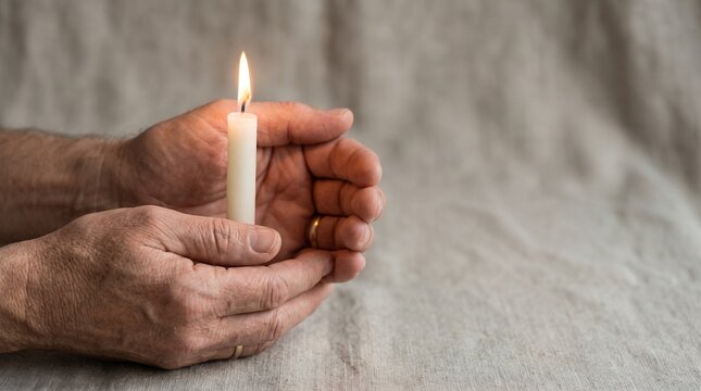 Hands Holding White Candle for Peace and Remembrance with Copy Space