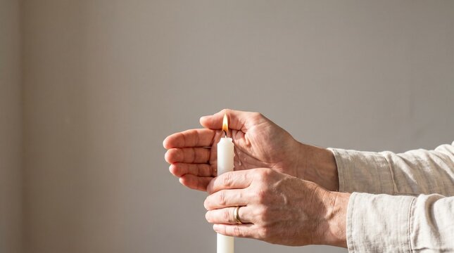 Hands Holding White Candle for Peace and Remembrance with Copy Space