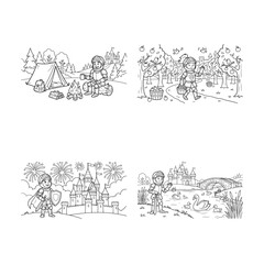 Obraz premium Knight adventures coloring book collection featuring castles landscapes and funny medieval characters.