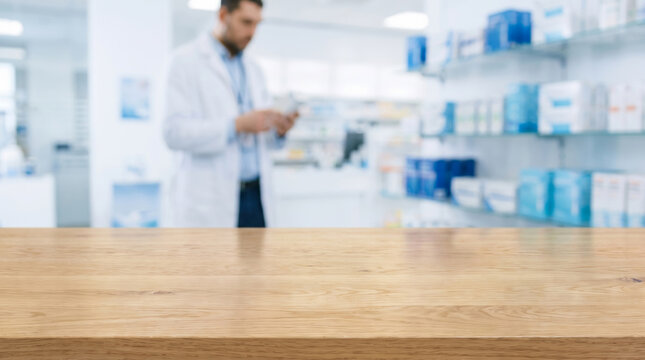 Science lab empty table background pharmacy counter blur. Scientific chemistry research laboratory. modern clean interior room, equipment blur