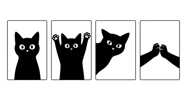 Four-panel minimal black cat illustrations showing playful expressive gestures.