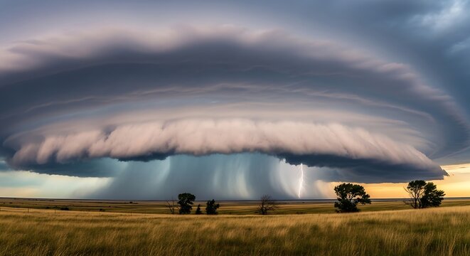 Dramatic supercell thunderstorm cloud formation over a vast prairie landscape with lightning and heavy rain