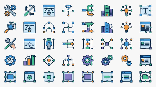 Modern Colorful Flat Icons Set Featuring Tools Web Development Data Flow Networking and Software Concepts in Blue Green Purple and Orange