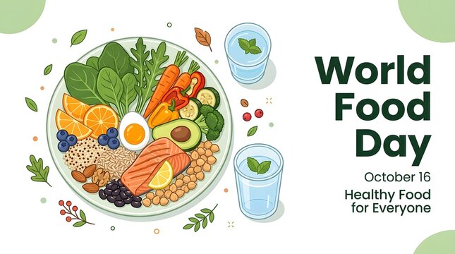 World food day october 16 healthy food for everyone illustration of a balanced meal plate isolated on white background