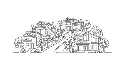 Obraz premium Eco Friendly Neighborhood Houses With Solar Panels And Green Roofs Minimalist Drawing