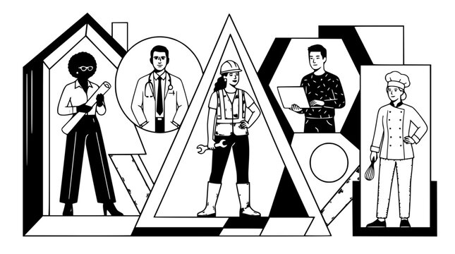 Diverse professions represented in abstract geometric art