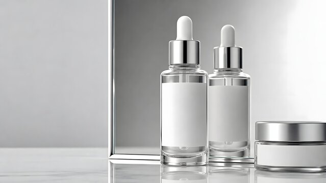 Minimalist Cosmetic Glass Dropper Bottles and Cream Jar with Blank Labels on Marble Surface
