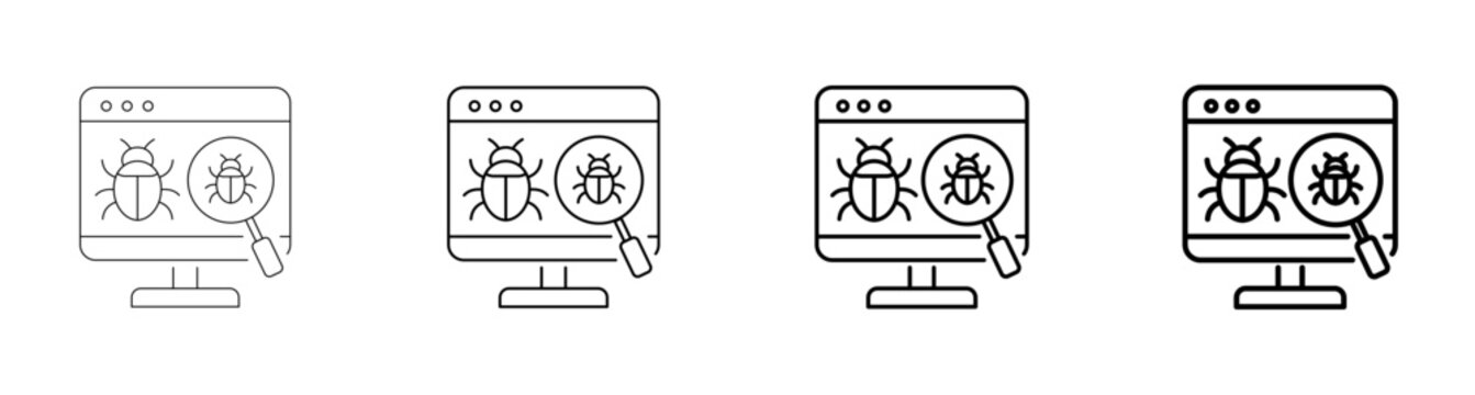 Bug Search and Software Debugging Icon Set Vector Line Art Outline Illustration