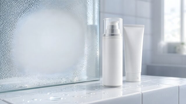 White Cosmetic Mockup Bottles in a Steamy Bathroom with Copy Space