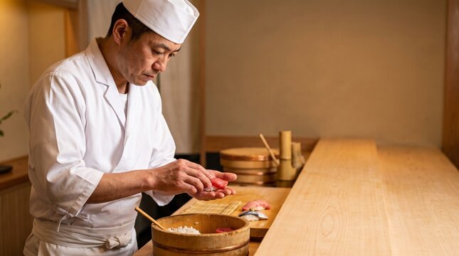 寿司を握る日本人寿司職人の真剣な手仕事と和食カウンター