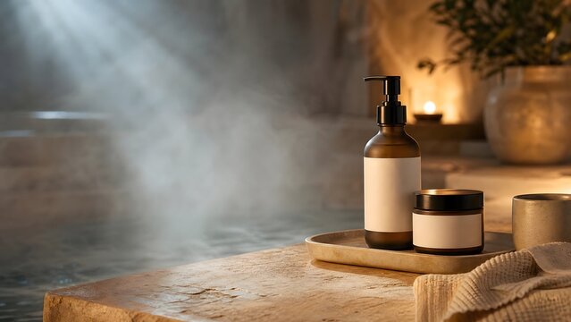 Luxury Skincare Bottles on Stone Tray in a Steamy Spa Setting
