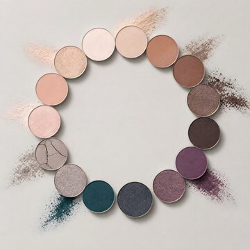 Assorted Eyeshadow Palettes Arranged in a Circle with Loose Powder Background