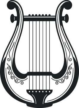 Vintage Classical Greek Lyre Logo Vector Featuring Detailed Linework Engraving of Ancient Harps String Instrument with Ornate Scrollwork Accents