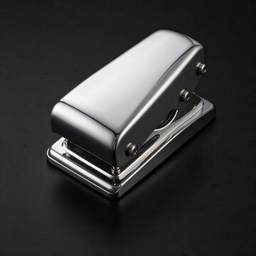 Premium polished stainless steel leather hole punch positioned diagonally on matte black background with elegant reflections, luxury industrial product photography, dramatic studio lighting, clean 