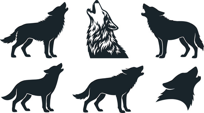 Howling Wolf Silhouette Collection Vector Featuring Solid Black Wild Timberwolf Poses Tribal Wolf Head Crest and Wilderness Guard Stencil Elements