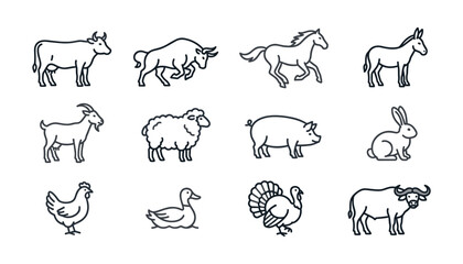 Fototapeta premium Farm animals outline icon set featuring cow bull horse donkey goat sheep pig rabbit chicken duck turkey and water buffalo vector illustration