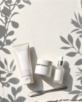 Minimalist Cosmetic Mockup with Skincare Products and Plant Shadows