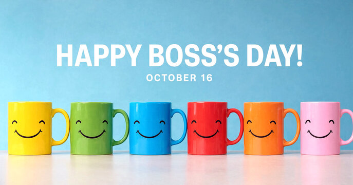 Colorful smiling mugs lined up on a table with happy boss day greeting card background