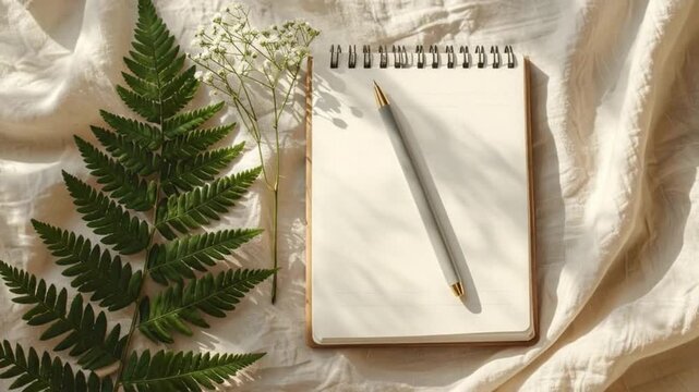 A blank notebook with a pen rests on a textured fabric surface