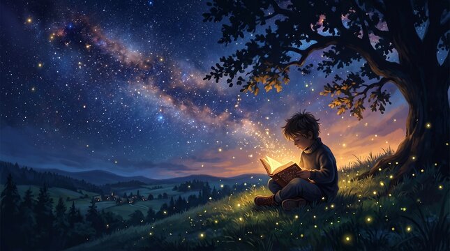 A young boy sits peacefully under a large tree on a grassy hill, reading an enchanted glowing book beneath a brilliant starry night sky filled with the vibrant swirling colors of the Milky Way.