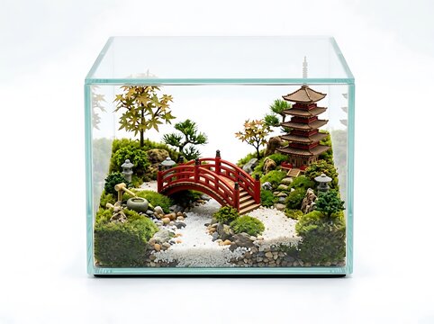 Miniature japanese garden with pagoda and bridge