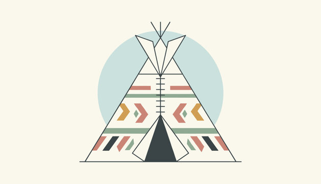 Traditional Native American teepee decorated with geometric patterns in earthy tones against a circular blue background disk.