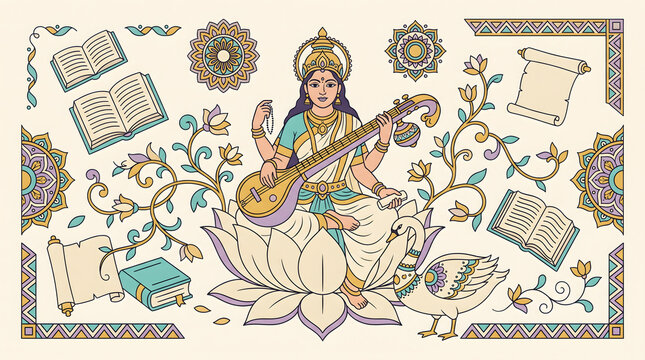 Beautiful illustration of Goddess Saraswati representing wisdom, music and learning in Indian art style.