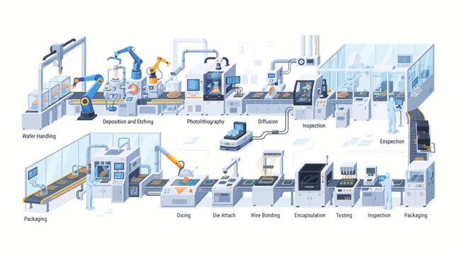 Automated semiconductor wafer manufacturing process flow illustration showing assembly line steps in a modern factory.