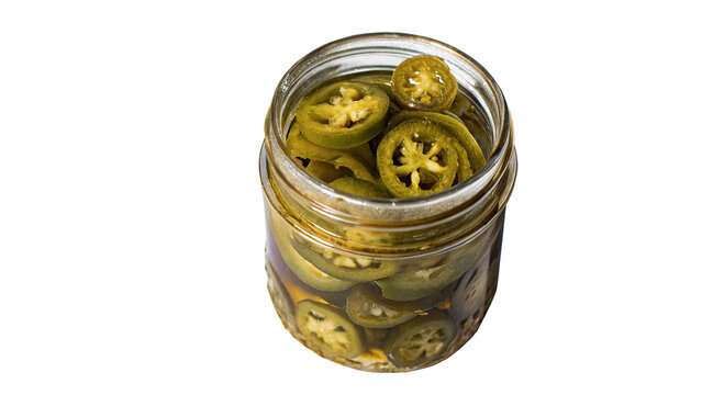 Glass jar full of pickled green jalapeno slices isolated on transparent background for spicy cooking